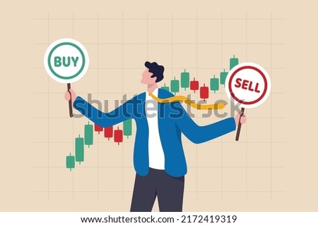 Buy or sell in stock market and crypto currency trading, investment decision, wealth management or financial concept, businessman investment analyst holding buy or sell sign with candlestick chart. Royalty-Free Stock Photo #2172419319