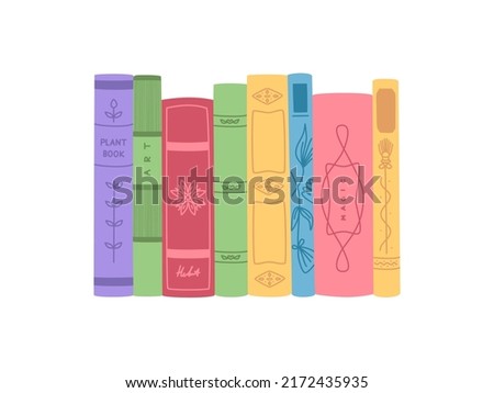 Vertical standing vintage books in colorful cover. Hand drawn vector illustration isolated on white background. Modern flat cartoon style.