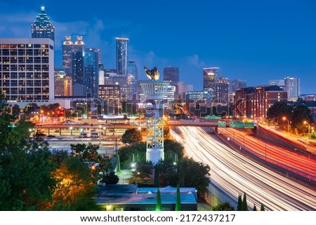 Atlanta, Georgia, USA downtown city skyline on the highway in the evening. Royalty-Free Stock Photo #2172437217