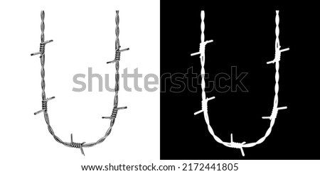 Letter U made of twisted metal barbed wire, isolated on white with clipping mask, 3d rendering