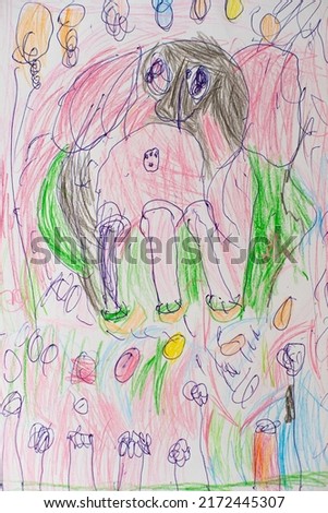 Children's colorful drawing with a pencil and pen of a Ukrainian girl, abstraction, art therapy
