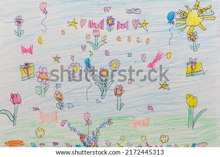 Children's colorful drawing with a pencil and pen of a Ukrainian girl, art therapy