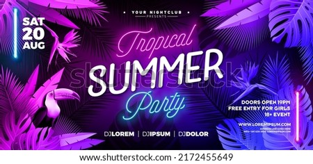 Summer Party Banner Design Template with Glowing Neon Light on Fluorescent Tropic Leaves Background. Vector Summer Celebration Holiday Illustration for Banner, Flyer, Invitation or Celebration Poster. Royalty-Free Stock Photo #2172455649
