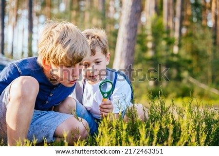 Two inquisitive little boy exploring the woods with a magnifying glass. Royalty-Free Stock Photo #2172463351