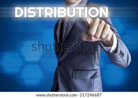 Business man touch modern interface for Distribution concept on blue background.