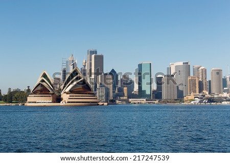 Sydney Skyline across the harbour from North Sydney, with city buildings and Opera House