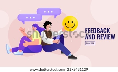 Online survey and rating scene. Character giving feedback and writing review. User experiences concept. Flat cartoon vector illustration isolated.