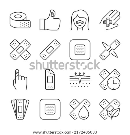 Patch icons set. Medical plaster for skin injuries and wounds, linear icon collection. Line with editable stroke Royalty-Free Stock Photo #2172485033
