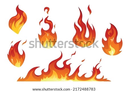 Set of icons with different fire. Hot dangerous flame stickers. Bonfire, burning or ignition. Design element for posters, warning banners. Cartoon flat vector collection isolated on white background