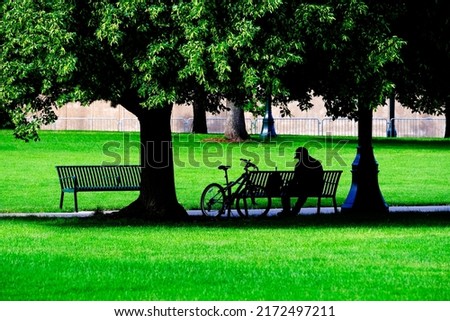 Person sitting on a park bench with bike silhouette silhouetted with green grass and trees