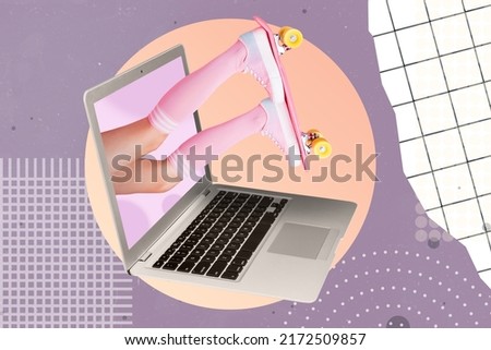 Exclusive minimal magazine sketch image of lady legs riding longboard getting inside laptop screen isolated drawing background