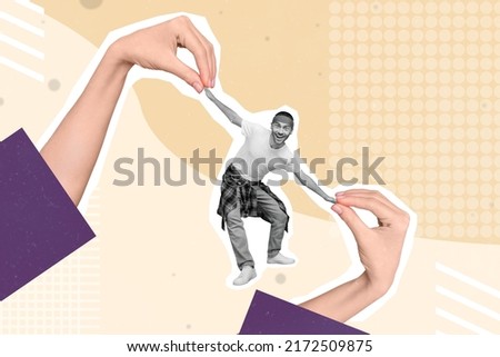 Creative abstract template graphics image of palms fingers holding funny funky guy isolated beige drawing background