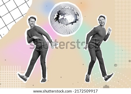 Photo artwork minimal collage of funny funky two same guys enjoying music dancing isolated beige drawing background
