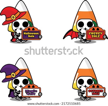 Vector cartoon character mascot costume bone halloween candy food holding sale halloween board