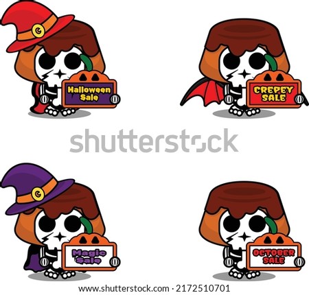 Vector cartoon character mascot costume bone chocolate cake food holding sale halloween board