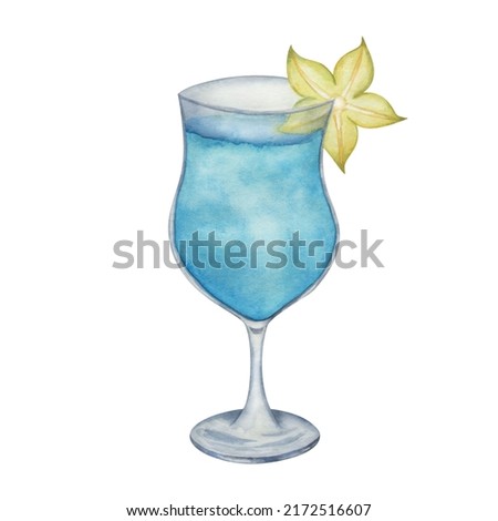 Watercolor illustration of hand painted blue cocktail in glass with yellow carambola, star fruit. Blue lagoon. Alcohol beverage drink. Isolated clip art of goblet for menus in restaurant, cafe
