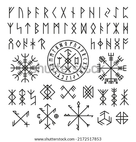 Futhark viking norse. Runic design icons, old mystery sign. Magic ancient symbols for game or tattoo. Nordic mythology, celtic tidy vector collection