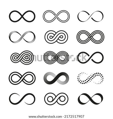 Black infinity symbols. Line infinite symbol, eternity swirl sign. Isolated mobius loop icons, line endless elements for design. Geometric unlimited logo tidy vector set Royalty-Free Stock Photo #2172517907
