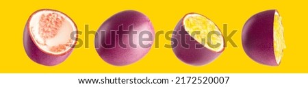 Passion fruit. Cut and whole passion fruit without seeds and with seeds. Four angles of passion fruit isolated on a yellow background.