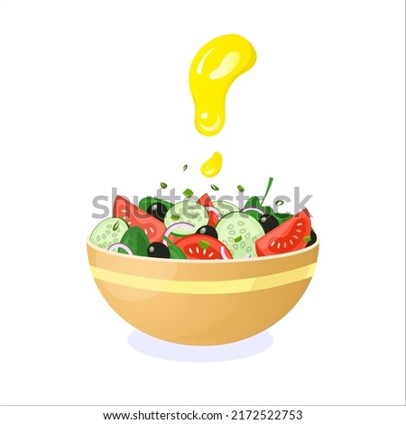 Golden bowl with fresh vegetable salad with a drop of oil. Healthy food, menu design