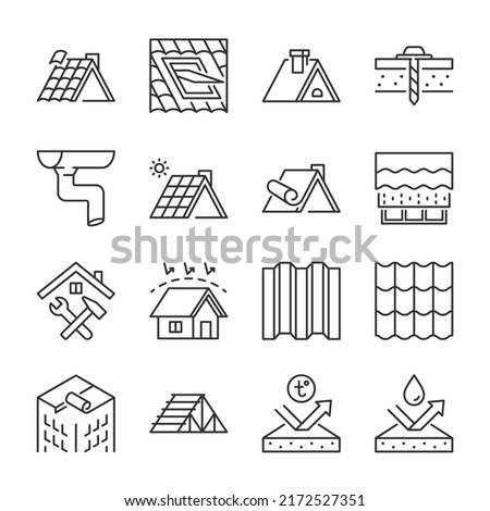 Roof icons set. Construction and roofing repair of the roof of the house. Property and characteristics of different types of roofs. Layers of materials, tools, linear icon. Line with editable stroke