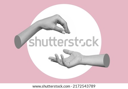 Female hand makes a gesture like handing the hanging object to outstretched hand isolated on a pink and white background. Handover. 3d trendy collage in magazine style. Contemporary art. Modern design