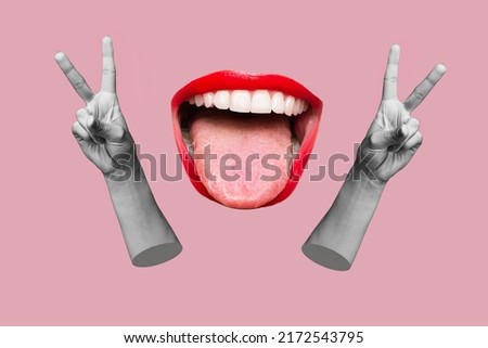 Two female hands showing a peace gesture and women wide open mouth showing tongue isolated on a pink color background. Trendy abstact collage in magazine style. 3d contemporary art. Modern design Royalty-Free Stock Photo #2172543795