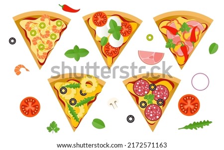 Different italian pizza slices vector illustration. Fastfood restaurant, pizzeria or cafe menu design template. Vegetarian and traditional snack for lunch or dinner
