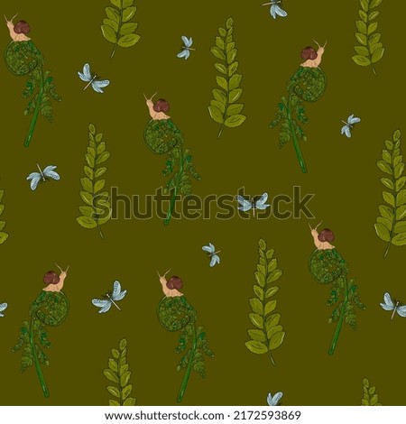 forest seamless pattern. Ferns, snails and dragonflies