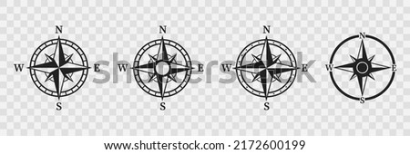 Compass icons set. Black wind rose or compass set. Wind rose symbol collection. Vector illustration. Cardinal directions- North, South, East, West. 10 eps
