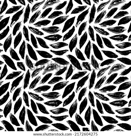 Black plant leaves vector seamless pattern. Hand drawn ink texture with abstract grunge leaves. Monochrome nature ornament for fabric, wrapping and textile. Silhouette of rough black painted herbs Royalty-Free Stock Photo #2172604275