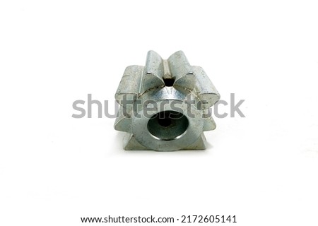 Hay baler spare part twine knotter pinion gear, back view of hay baler spare part, isolated on white background
