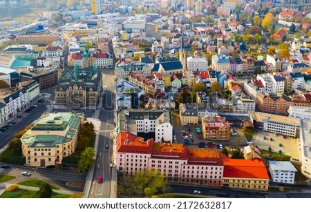 Panoramic aerial view of autumn townscape of Czech city of Liberec overlooking Neo-Renaissance building of Town Hall