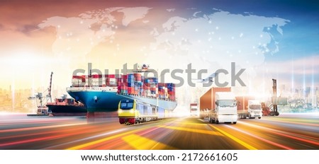 Global business logistics technology network distribution on world map background, Smart logistics import export and transportation industrial concept of container cargo freight ship, Truck on highway