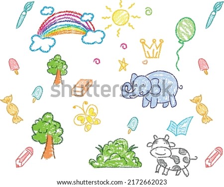 Child drawings with crayon. Kids doodle drawing, children crayon drawing and hand drawn kid ice cream, balloon, rainbow, animal and trees pastel pencil doodle vector illustration Royalty-Free Stock Photo #2172662023