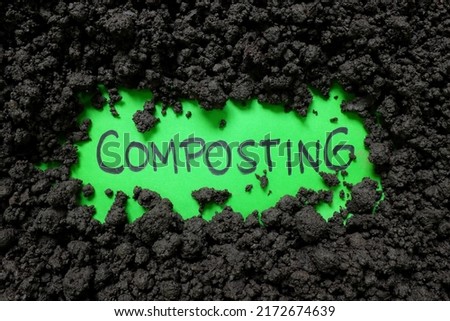 Composting in gardening concept. Written text word on soil background.	