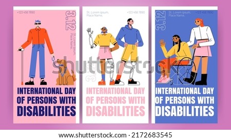 International day of persons with disabilities posters. Vector banners with flat illustration of girl in wheelchair, blind with guide dog, man and woman with prosthesis Royalty-Free Stock Photo #2172683545