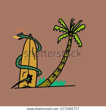 Palm tree,surfboard and snake,simple design