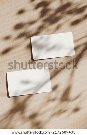 Blank paper sheet card mockup and floral shadow top view on beige  background . Copy space. Flat lay   minimal business brand template neutral color. Card mock up.