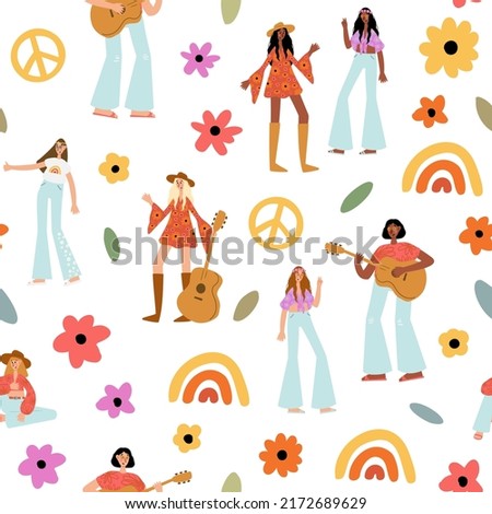 groovy hippie seamless pattern, retro 70s hippy digital paper, party vector illustration, retro flower clipart, peace and love clip art