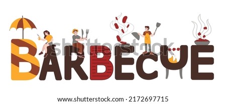 Banner with word BARBECUE and different happy people on white background
