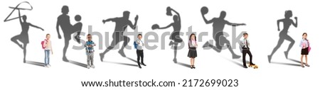 Group of cute little children dreaming about career in sports on white background