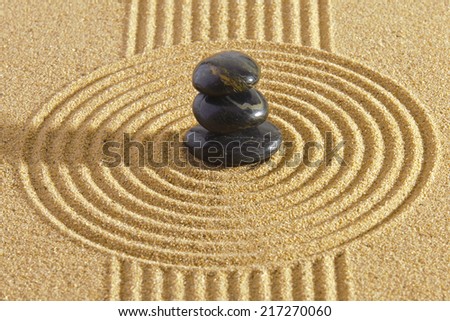 Japanese garden with rocks in sand and yin and yang