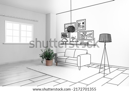 New interior of spacious living room with comfortable sofa, lamp and houseplant