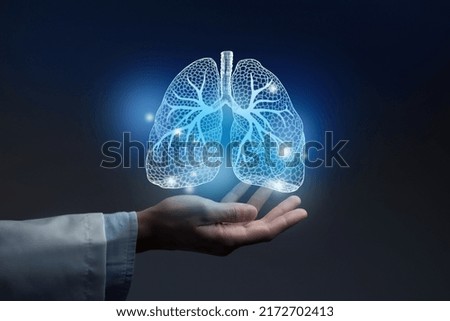 Medical banner with lungs illustration on blue background with large copy space for text or checklist. Royalty-Free Stock Photo #2172702413