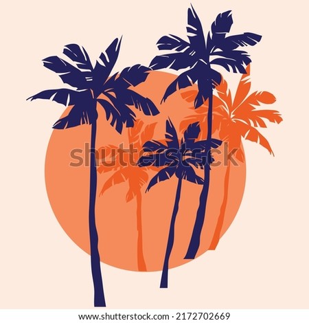 Palm tree silhouette vector illustration in vintage orange and blue colors. Summer vacation party poster template. Summer tropical palms clip-art.