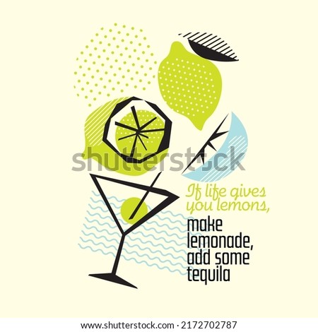 Margarita cocktail vector illustration in geometric modern style. Summer cocktail with lemon and lime poster template. Summer Lemonade clip-art.