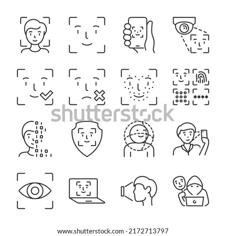 Face detection icons set. Biometrics. Face scan, Security system detects the owner by face, a camera with a face scanner. linear icon collection. Line with editable stroke Royalty-Free Stock Photo #2172713797