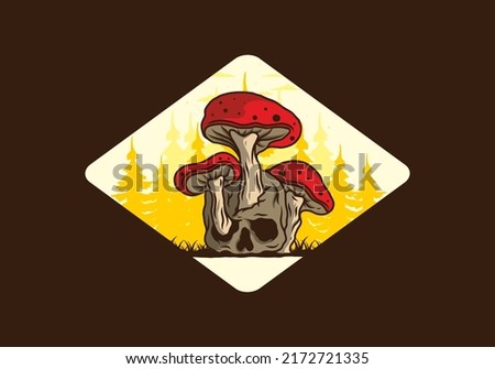 Mushroom growing on human skull illustration design in vintage colors