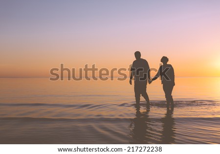 Senior couple walking holding hands at sunset Royalty-Free Stock Photo #217272238